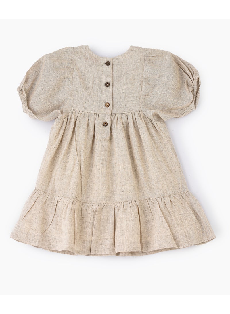 Jelliene Girls Beige Linen Blend Puff Sleeve Embroidered Dress - Image 2